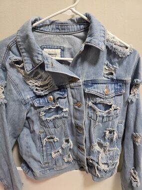 Forever 21 Light Blue Distressed Denim Jean Jacket